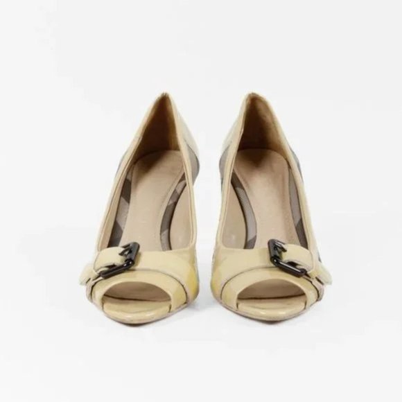 Burberry Nova Check Coated Canvas Beige Peep Toe Heels - Picture 2 of 9